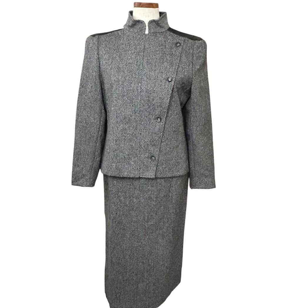 Vintage 70s Jocardi Wool Tweed Leather Trim Skirt Suit Set Size 6 Costume Fall